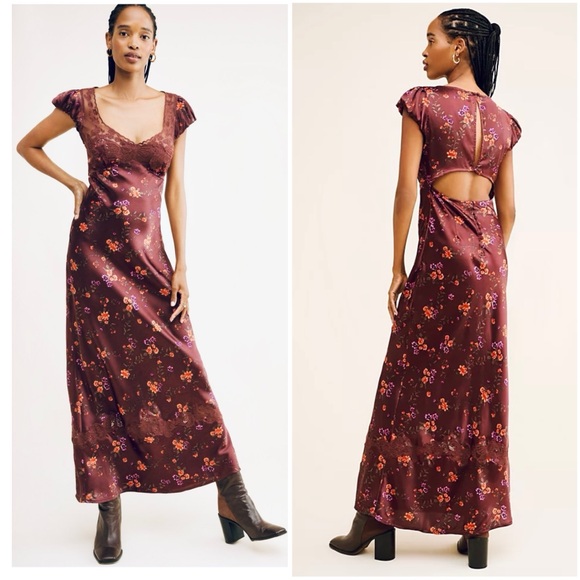 Free People Butterfly Babe Cutout Lace Trim Maxi Dress in Floral Brown - Picture 9 of 16